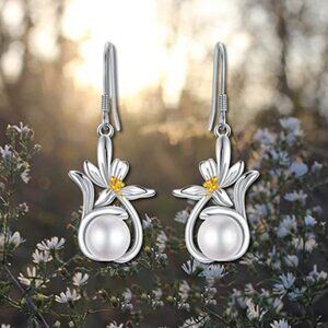 💛 925 Silver Plated Flower Pearl Drop Dangle Earrings, MLNN1229